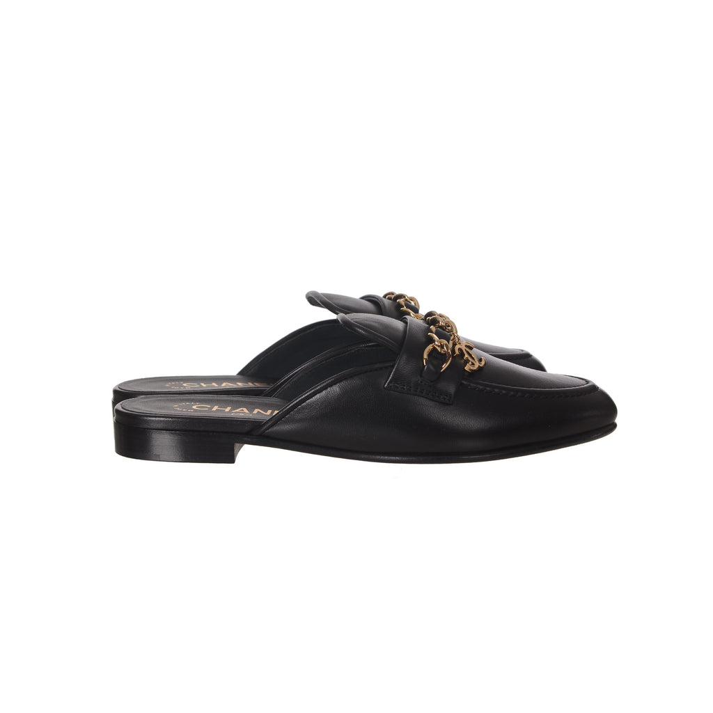 CHANEL Black Calfskin CC Logo Mule Size 36.5