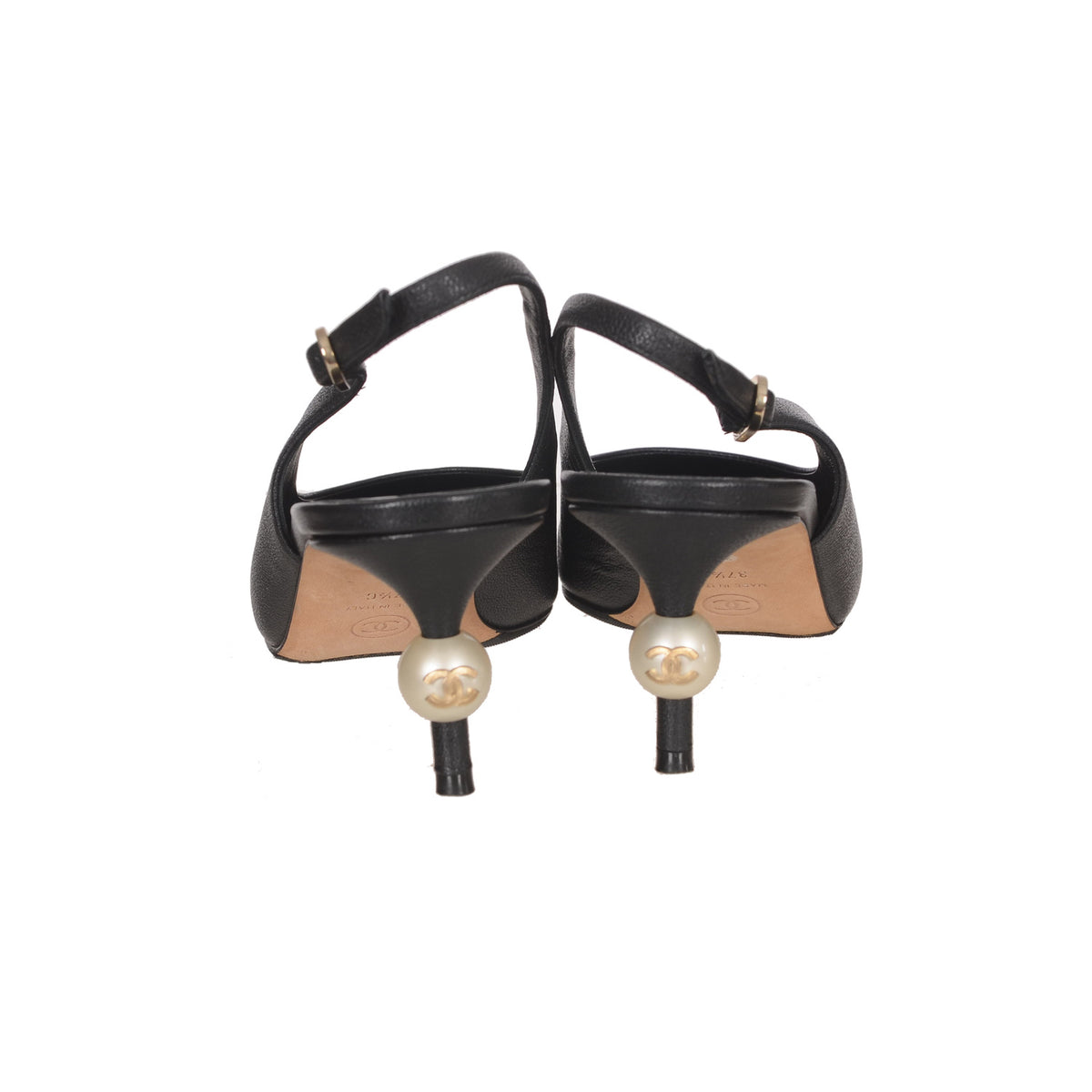CHANEL Black Leather Slingback Sandal with Pearl Size 37.5