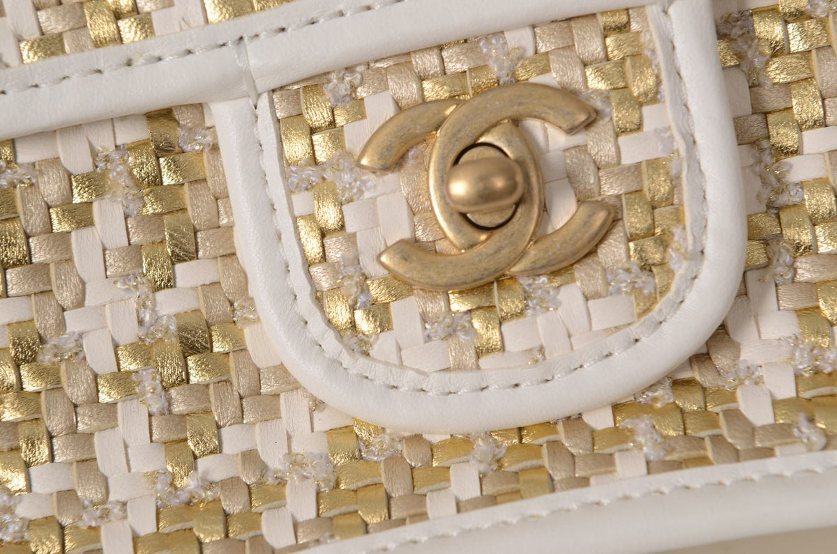 CHANEL 2023 Lambskin Metallic Gold & White Woven Flap Bag