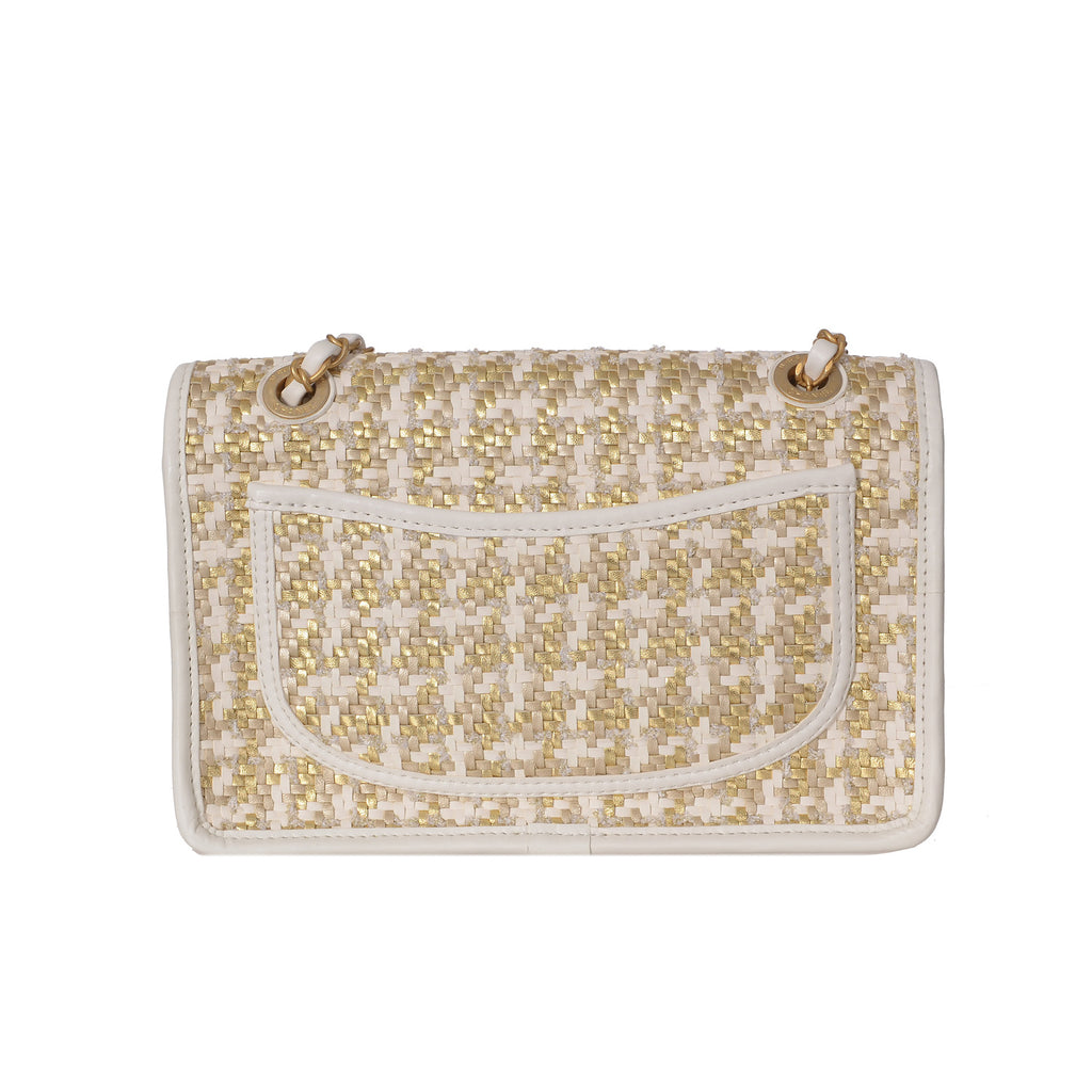 CHANEL 2023 Lambskin Metallic Gold & White Woven Flap Bag