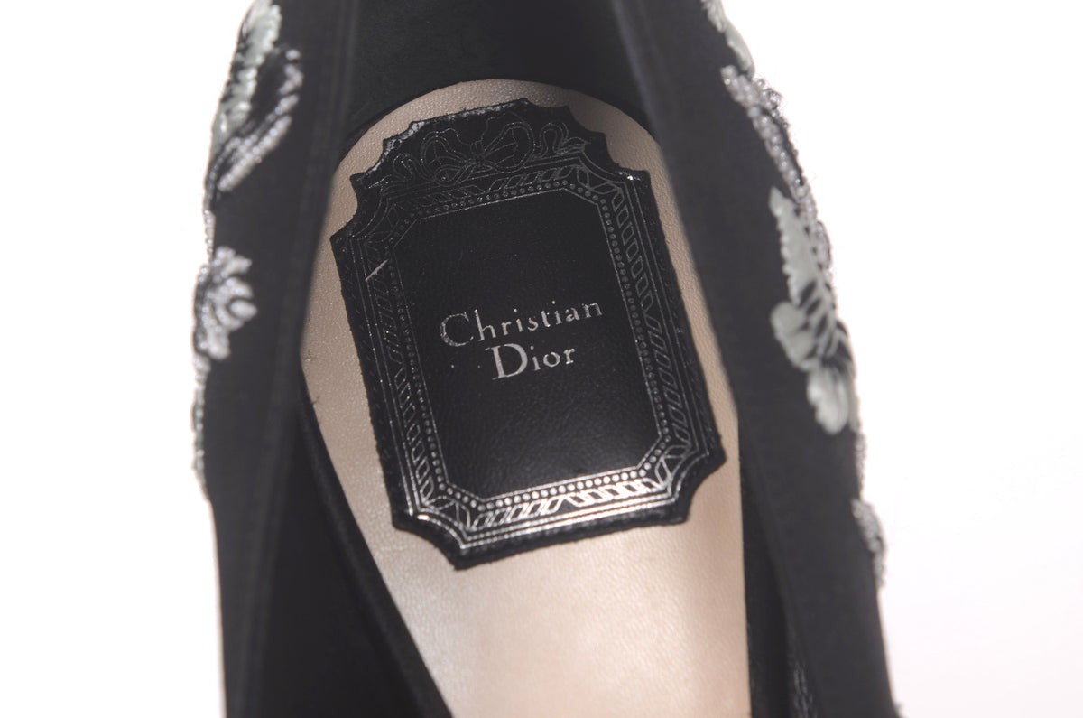 DIOR Embroidered Black Satin Pumps 37.5