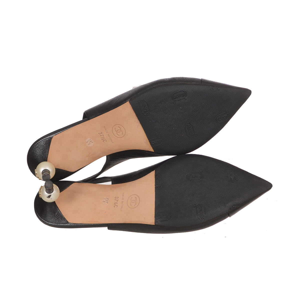 CHANEL Black Leather Slingback Sandal with Pearl Size 37.5