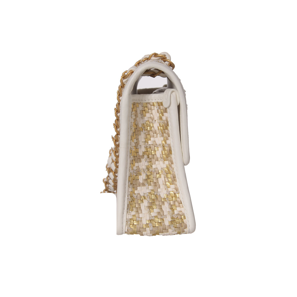 CHANEL 2023 Lambskin Metallic Gold & White Woven Flap Bag