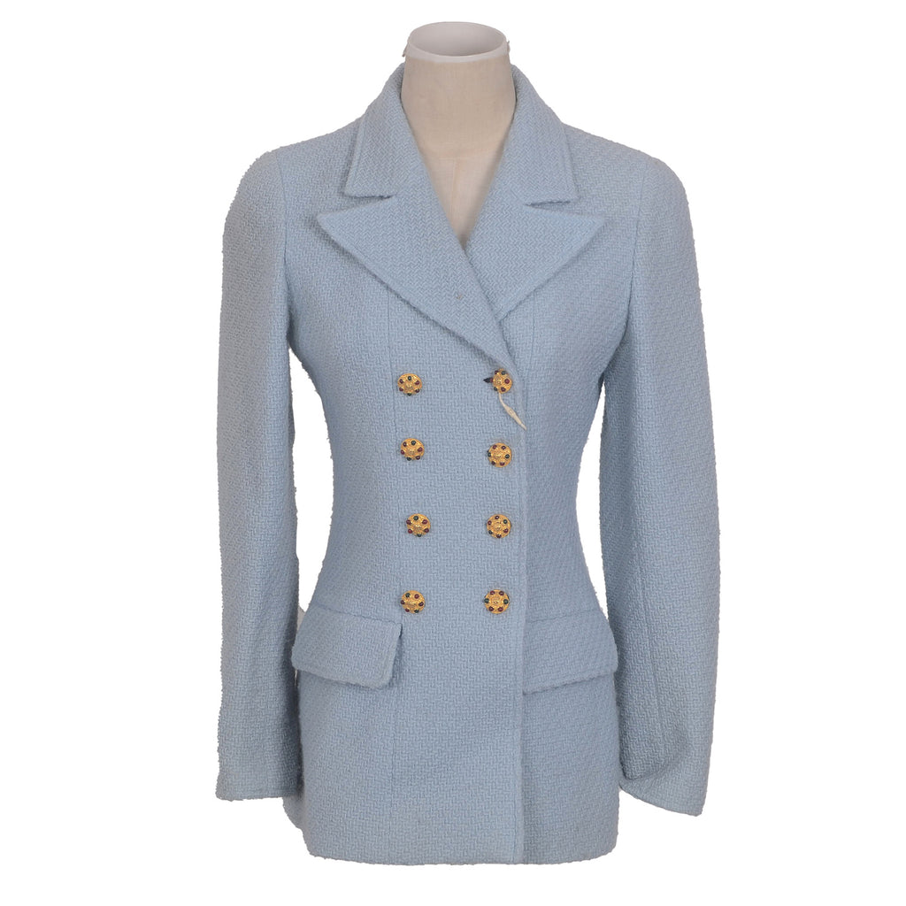 CHANEL 1996 Light Blue Tweed Jacket Size 36 Small