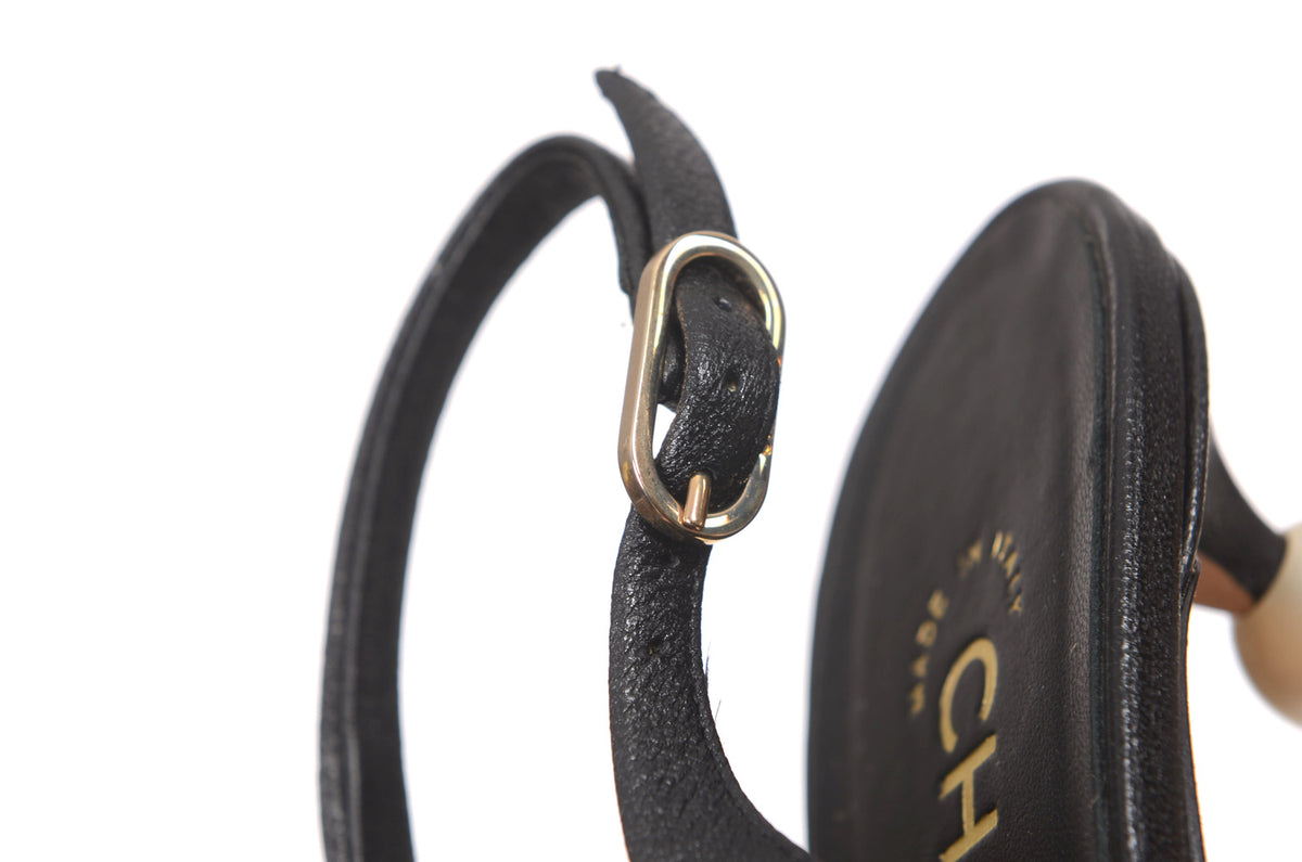 CHANEL Black Leather Slingback Sandal with Pearl Size 37.5