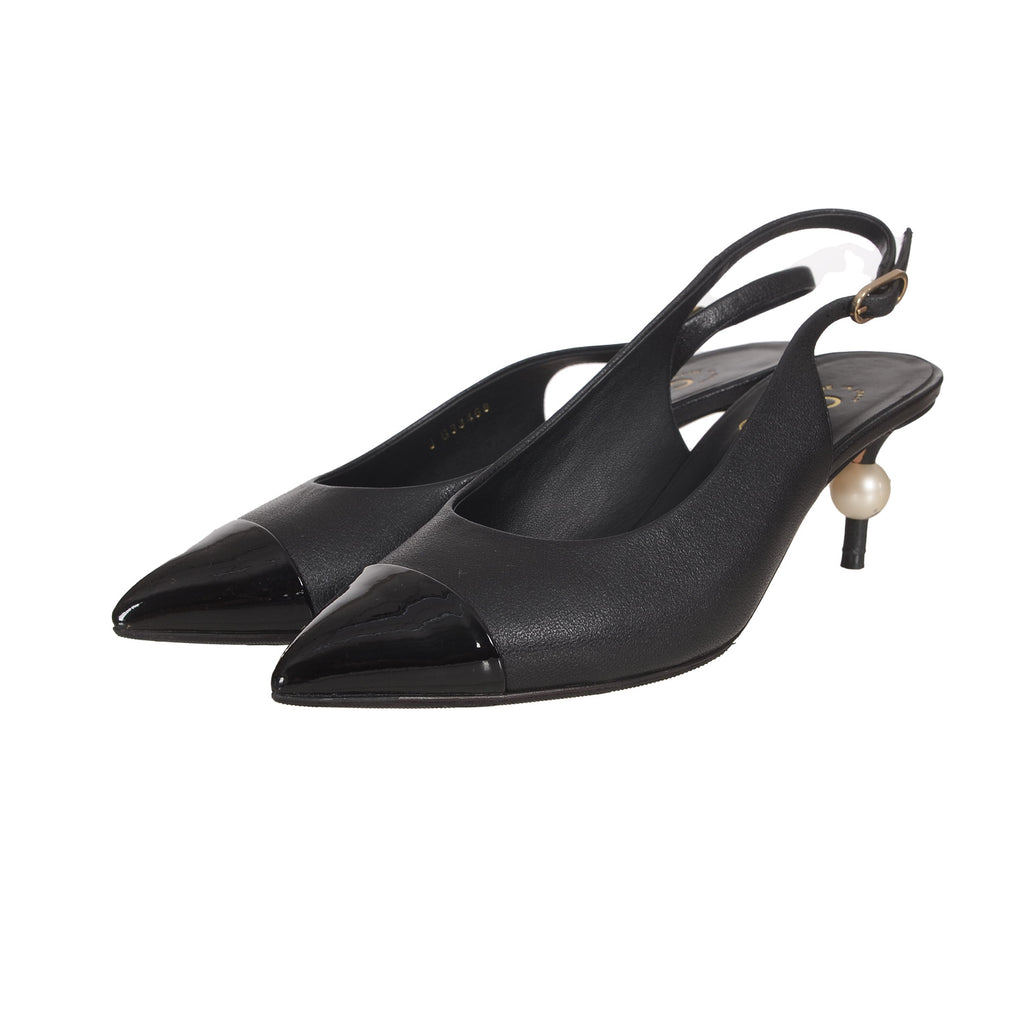 CHANEL Black Leather Slingback Sandal with Pearl Size 37.5