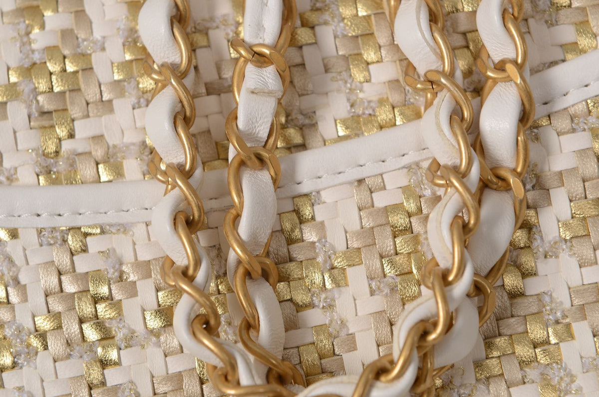 CHANEL 2023 Lambskin Metallic Gold & White Woven Flap Bag