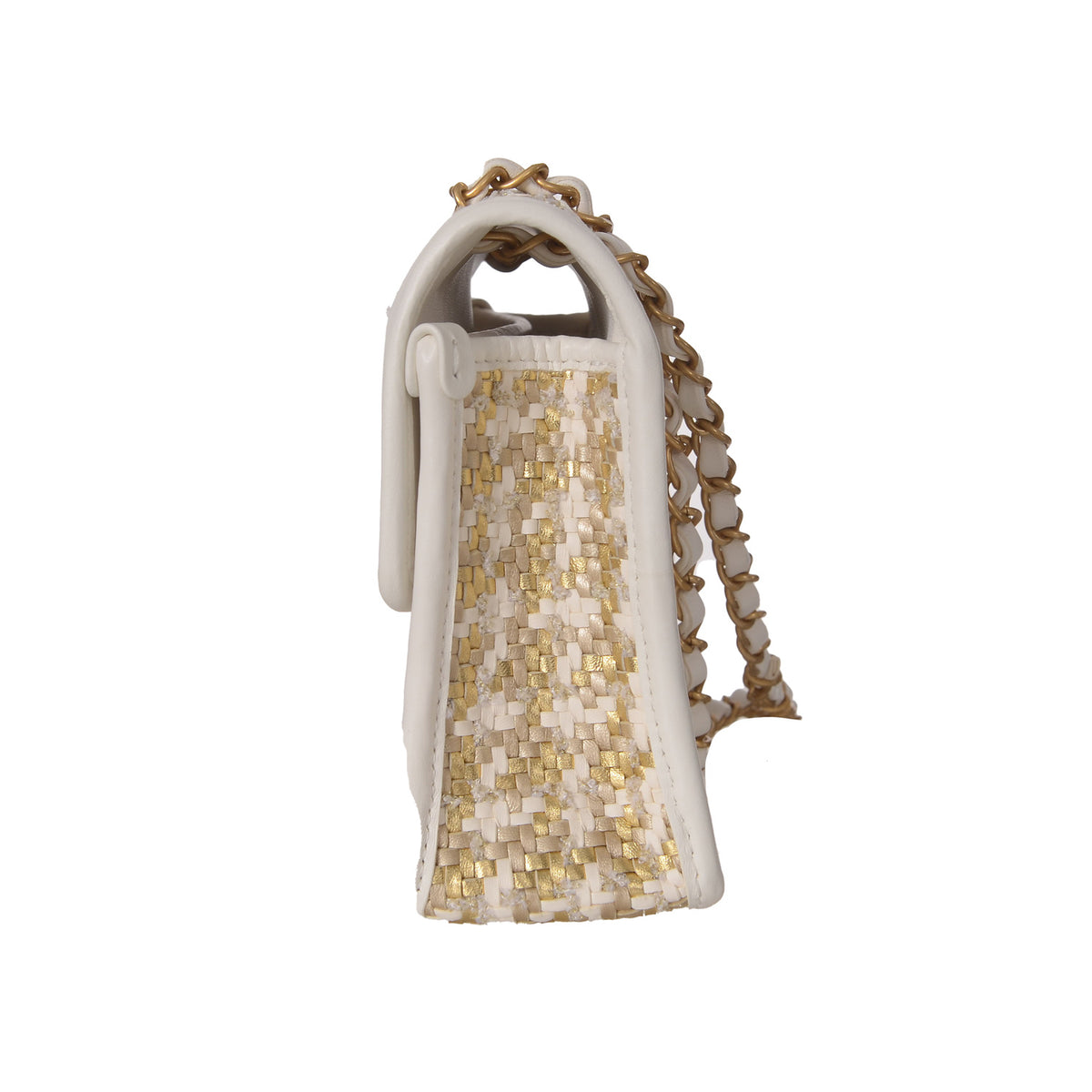 CHANEL 2023 Lambskin Metallic Gold & White Woven Flap Bag