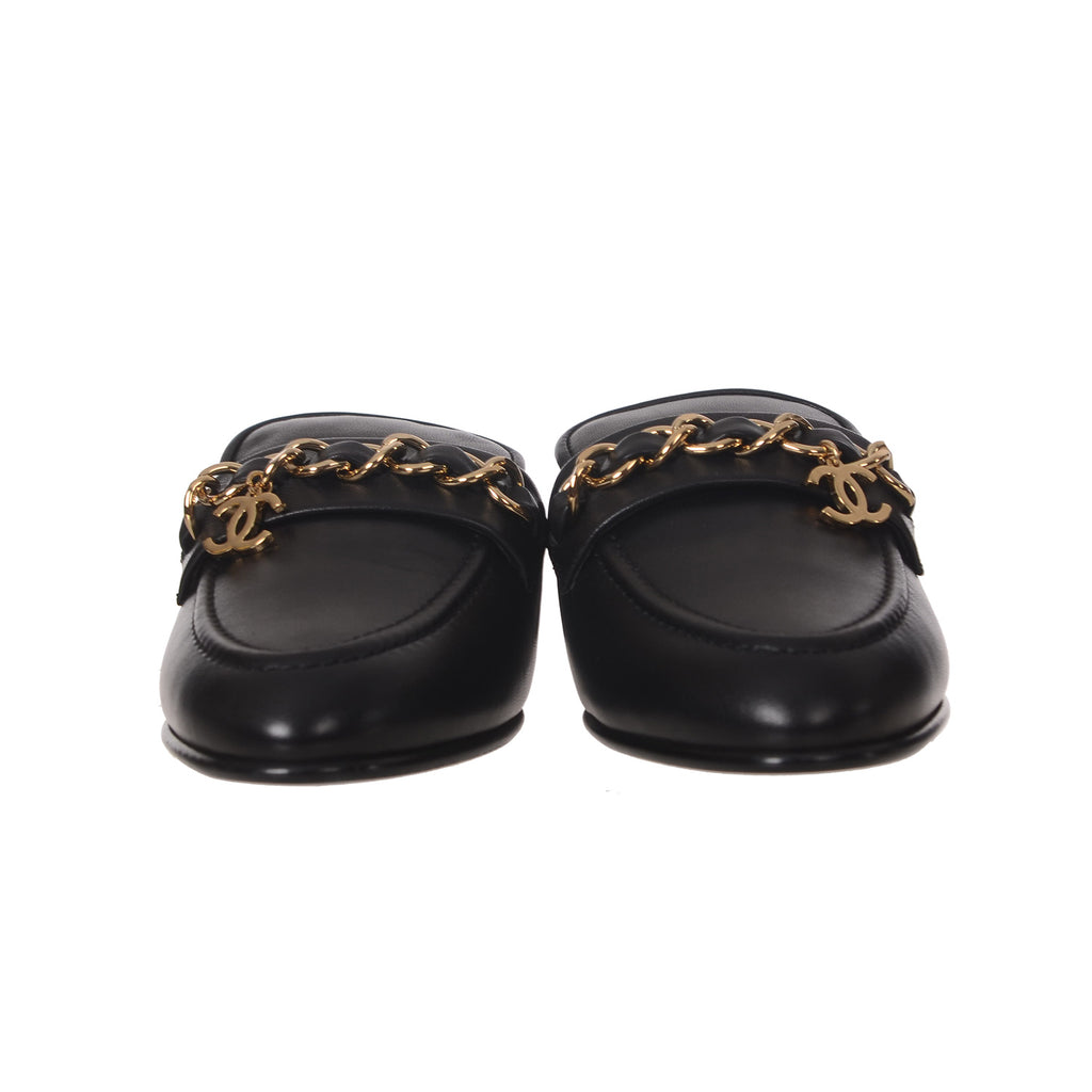 CHANEL Black Calfskin CC Logo Mule Size 36.5