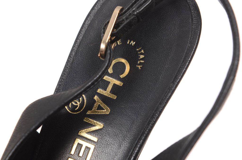 CHANEL Black Leather Slingback Sandal with Pearl Size 37.5