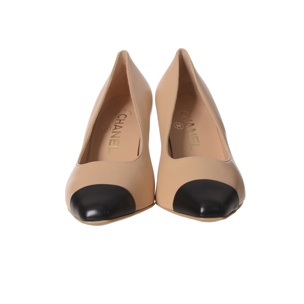 CHANEL Cap Toe Metal Heel Pumps Beige Black 35.5
