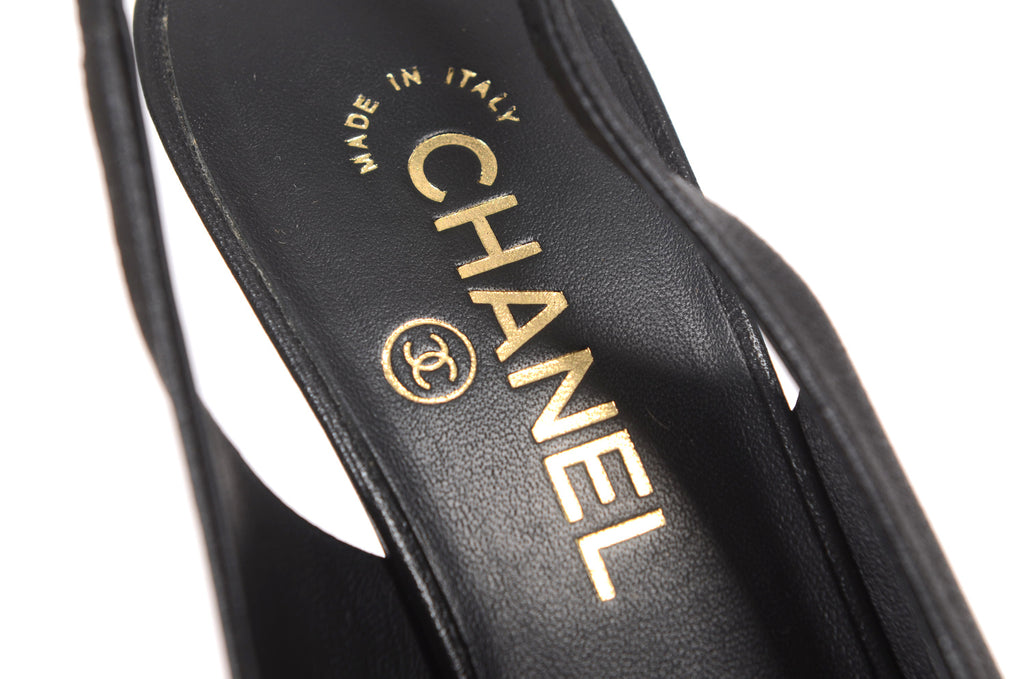 CHANEL Black Leather Slingback Sandal with Pearl Size 37.5