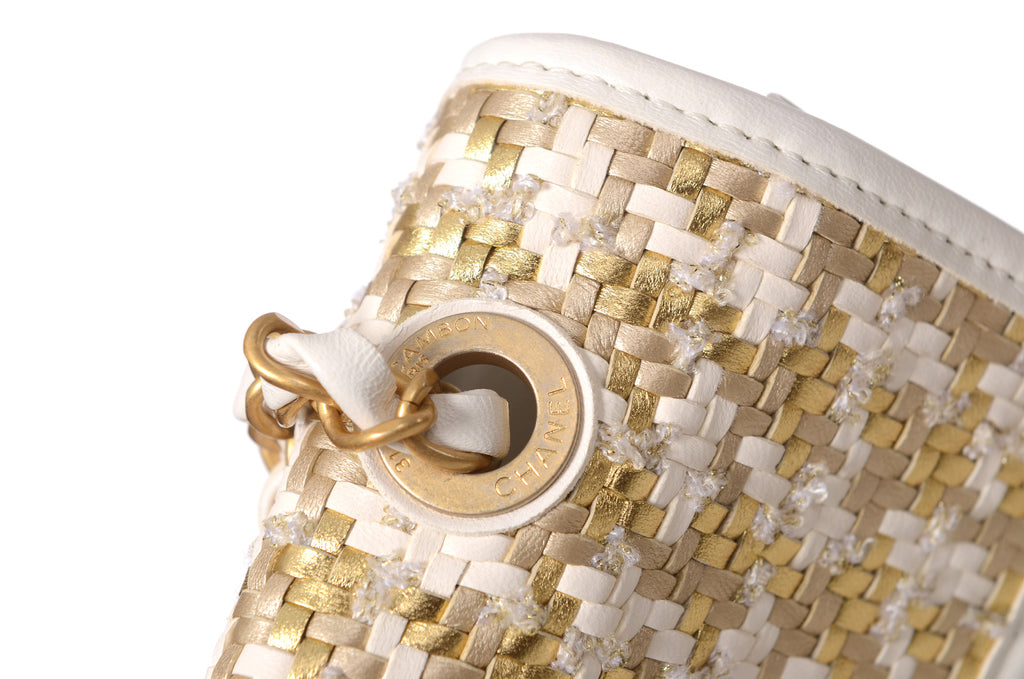CHANEL 2023 Lambskin Metallic Gold & White Woven Flap Bag