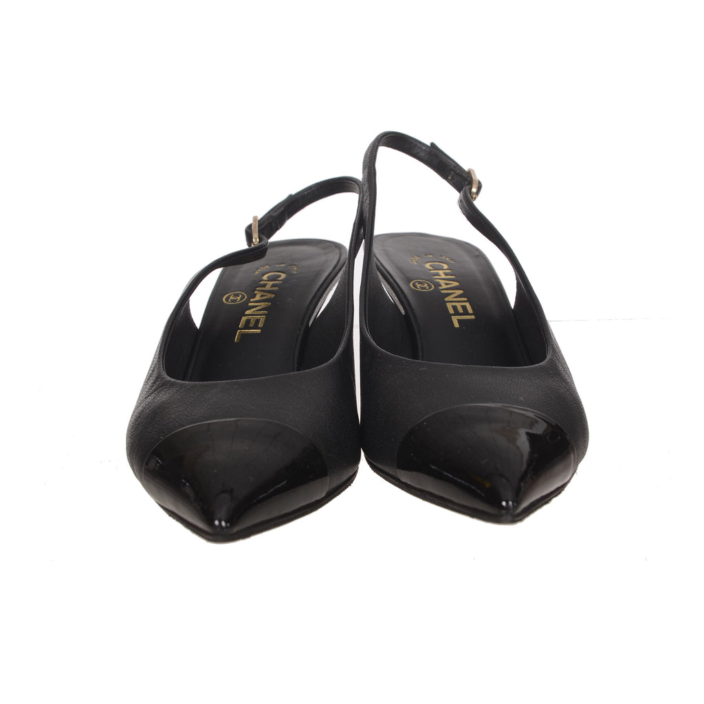 CHANEL Black Leather Slingback Sandal with Pearl Size 37.5