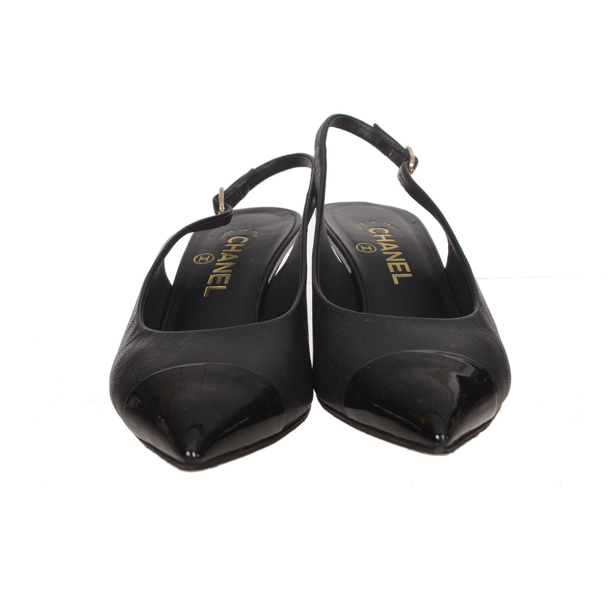 CHANEL Black Leather Slingback Sandal with Pearl Size 37.5
