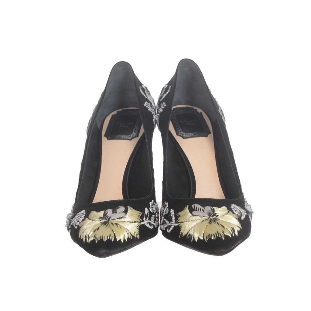 DIOR Embroidered Black Satin Pumps 37.5