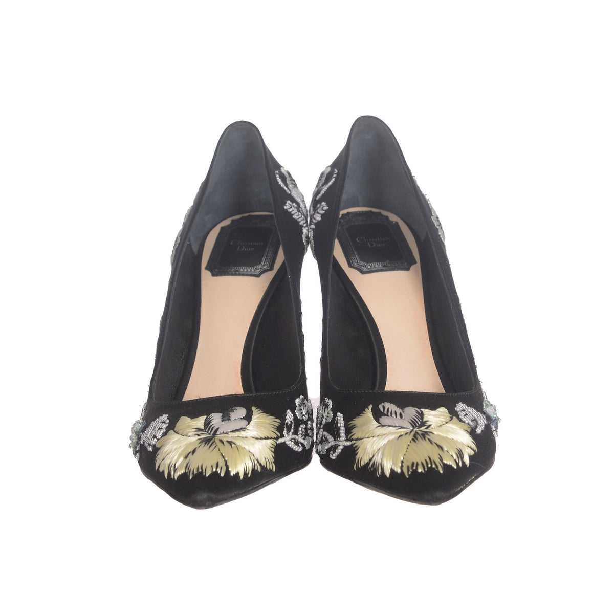 DIOR Embroidered Black Satin Pumps 37.5
